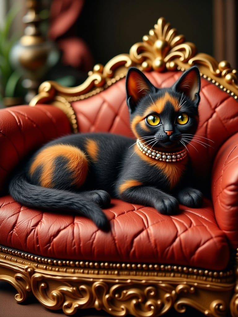 Playful Cat on Red Couch in Oil Painting Style