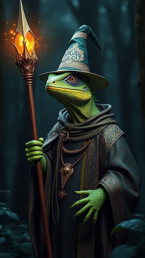 Ethereal Lizard Wizard in Enchanted Forest