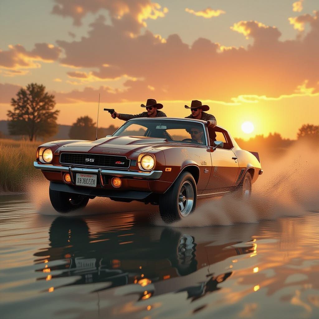 Chevrolet Camaro Bootleggers River Jump in Digital Art Style