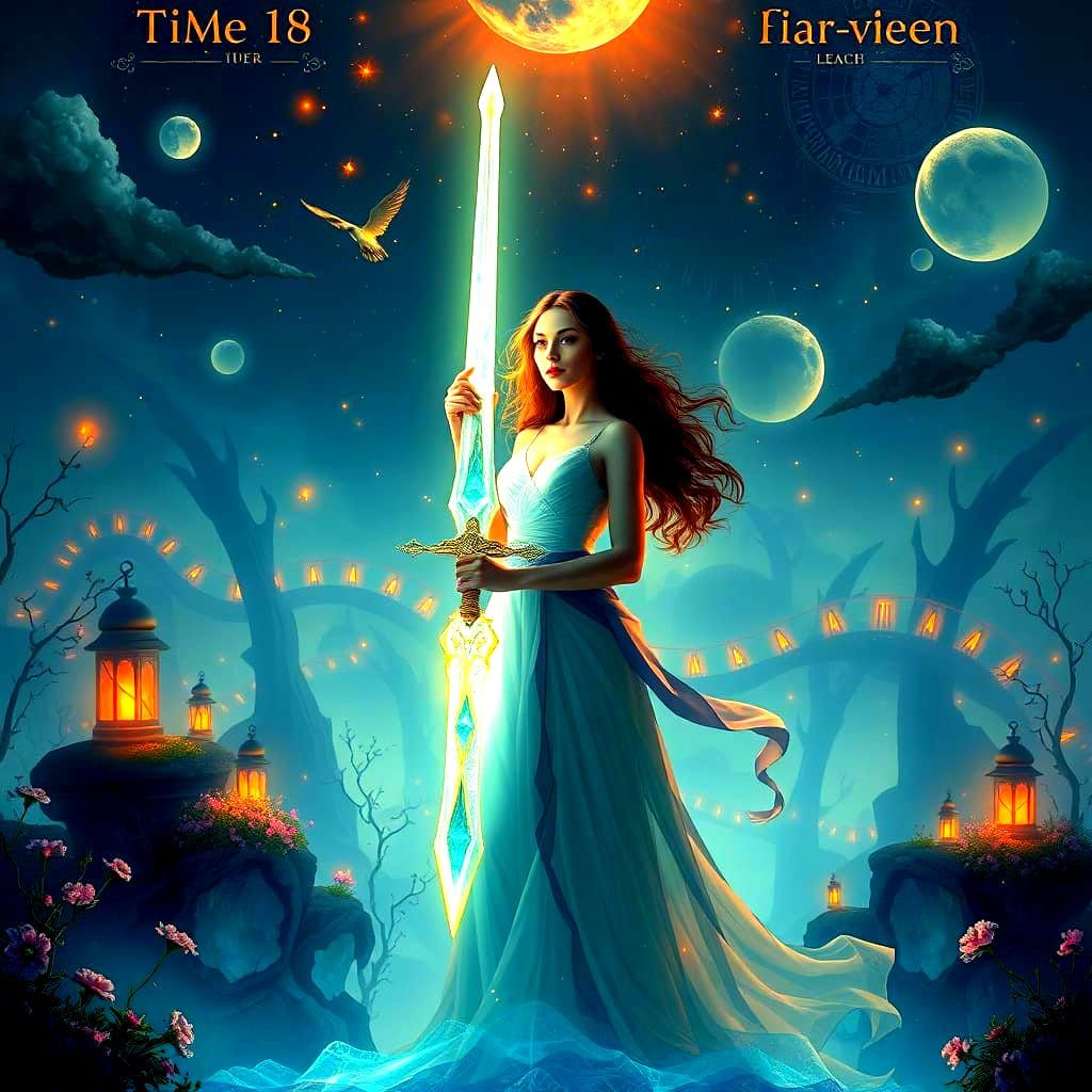 Woman with Glowing Sword in Ethereal Landscape