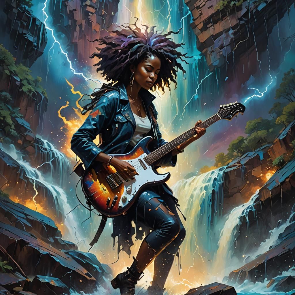 Psychedelic Guitarist Against Electric Waterfall