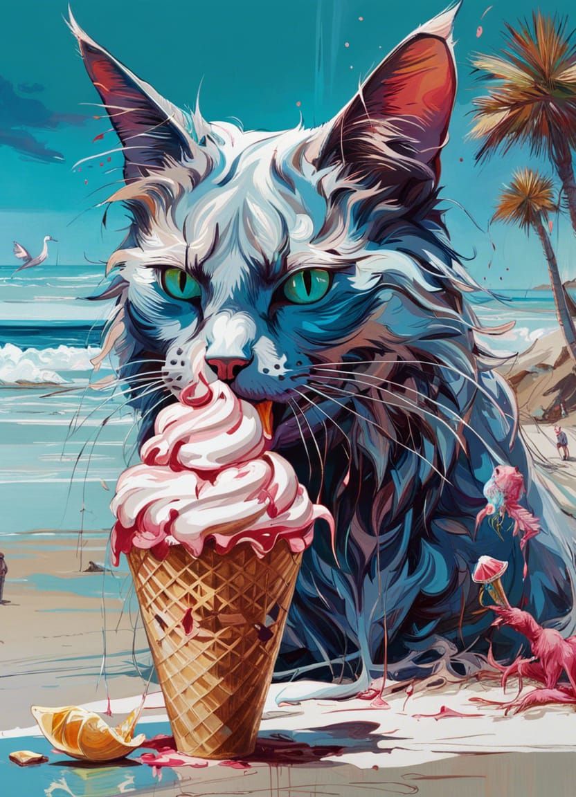 Cat Eating Ice Cream on Beach: Oil Painting