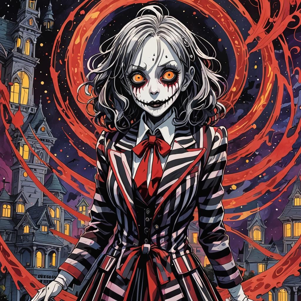 Female Beetlejuice in Gothic Anime Style