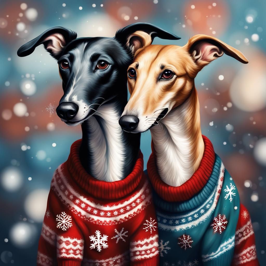 Greyhounds Celebrate Christmas in Hyperrealistic Splash Art