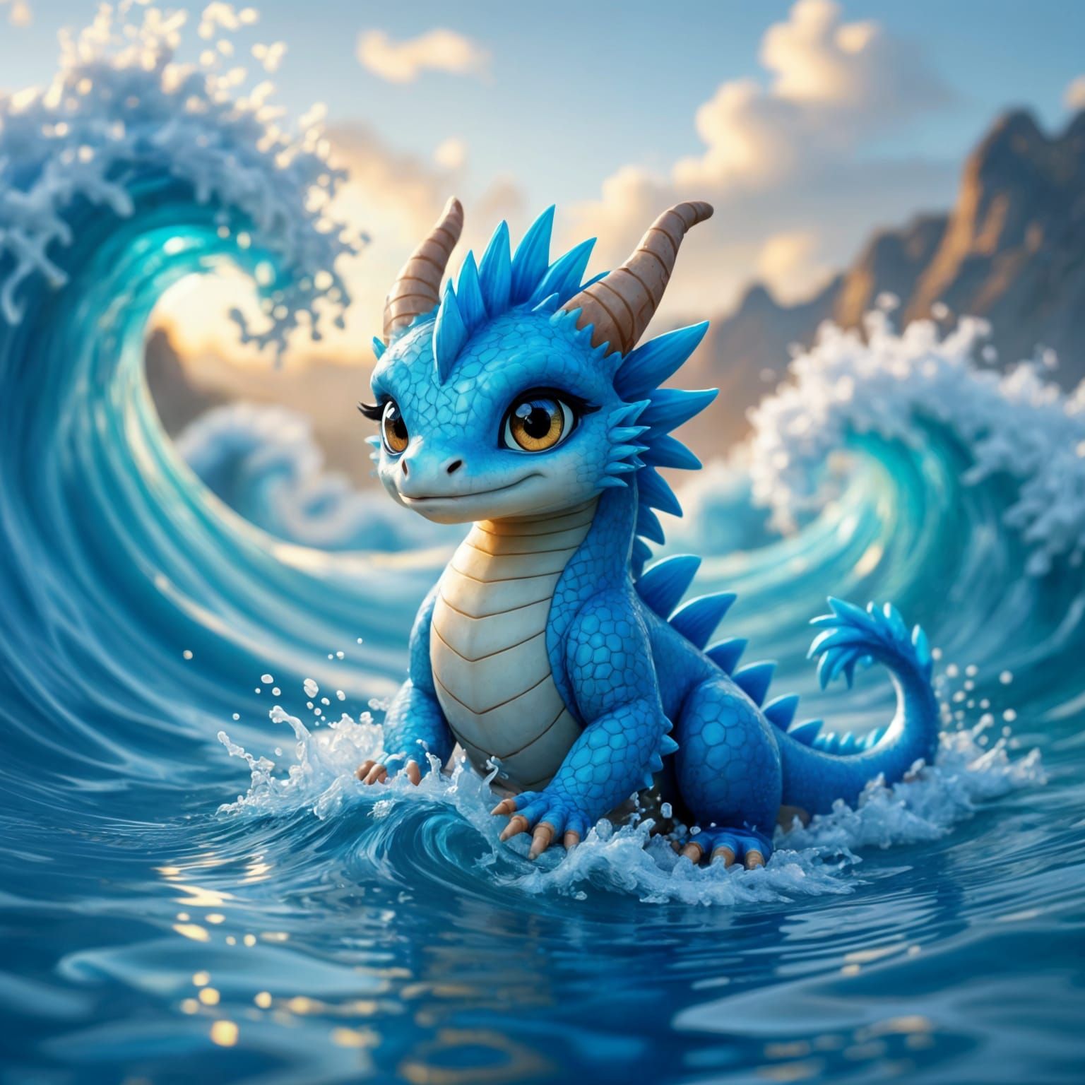 Adorable Blue Water Dragon Amidst Swirling Waves