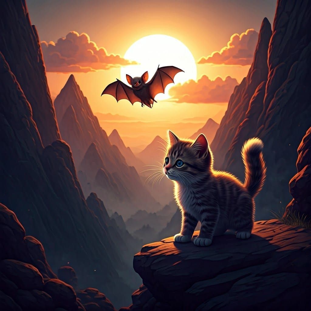 Kitten and Bat Silhouette at Sunset: Fantasy Concept Art