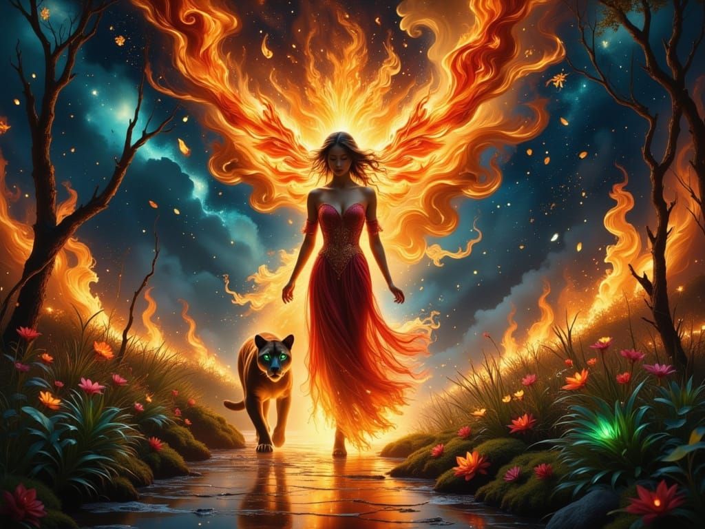 Ethereal Fire Being and Panther in Nebula