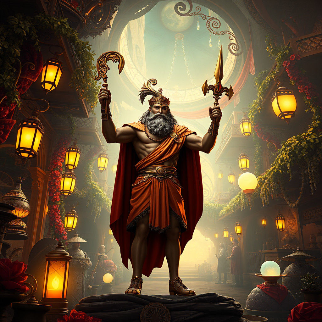 Hermes in Mystical Marketplace, Dreamlike Concept Art