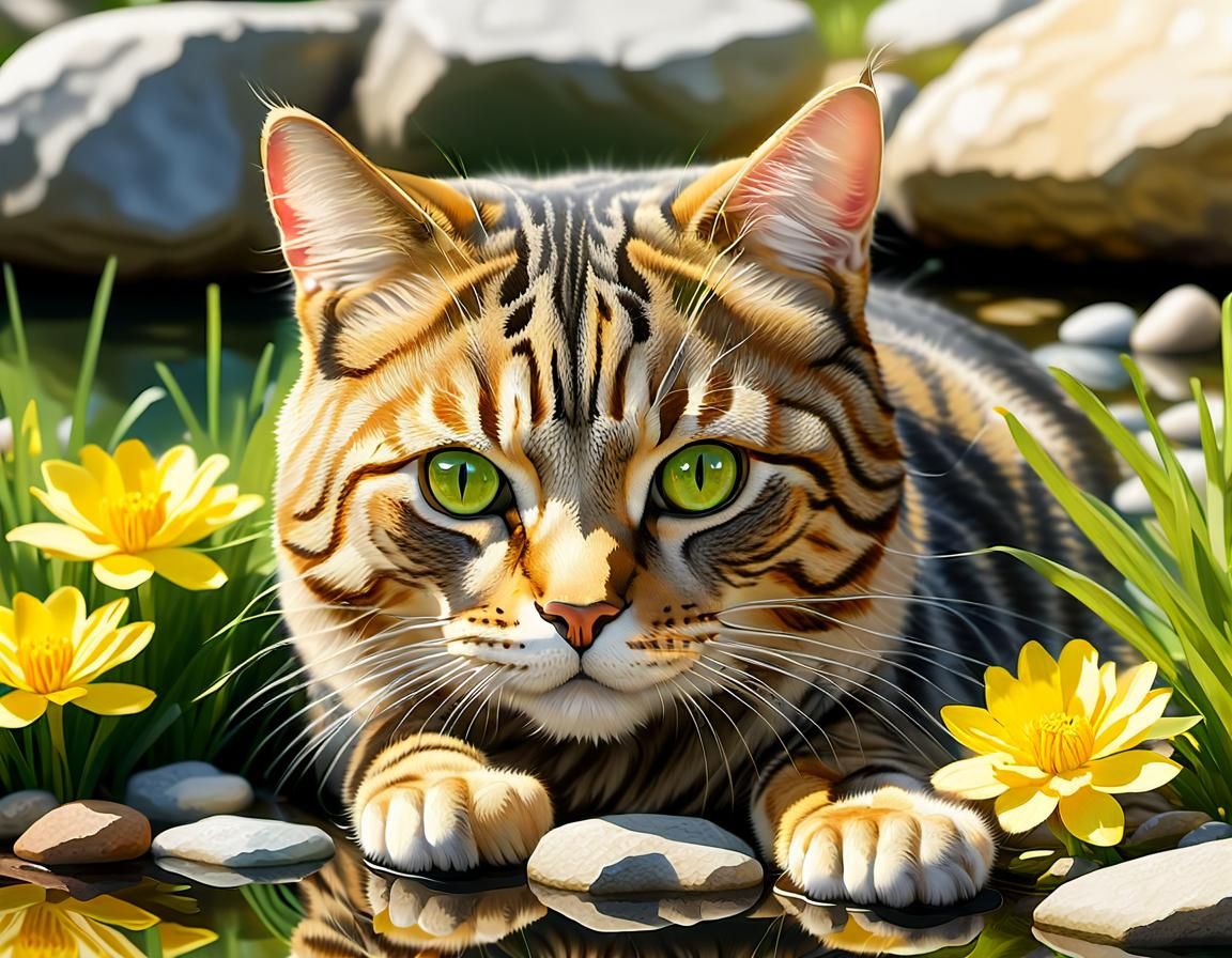 Tabby Cat Relaxation by Garden Pond