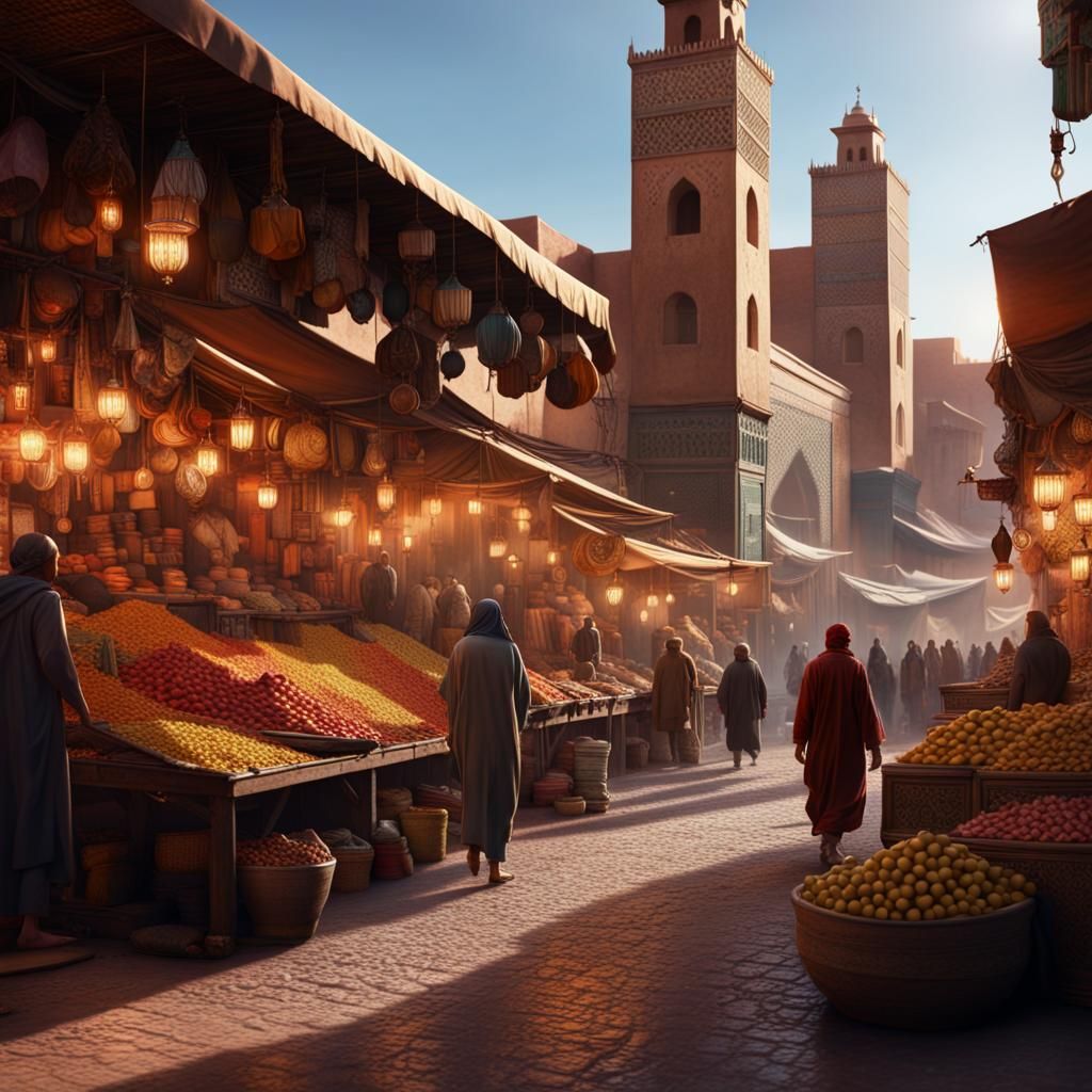 Vibrant Moroccan Market Scene in Matte Painting Style