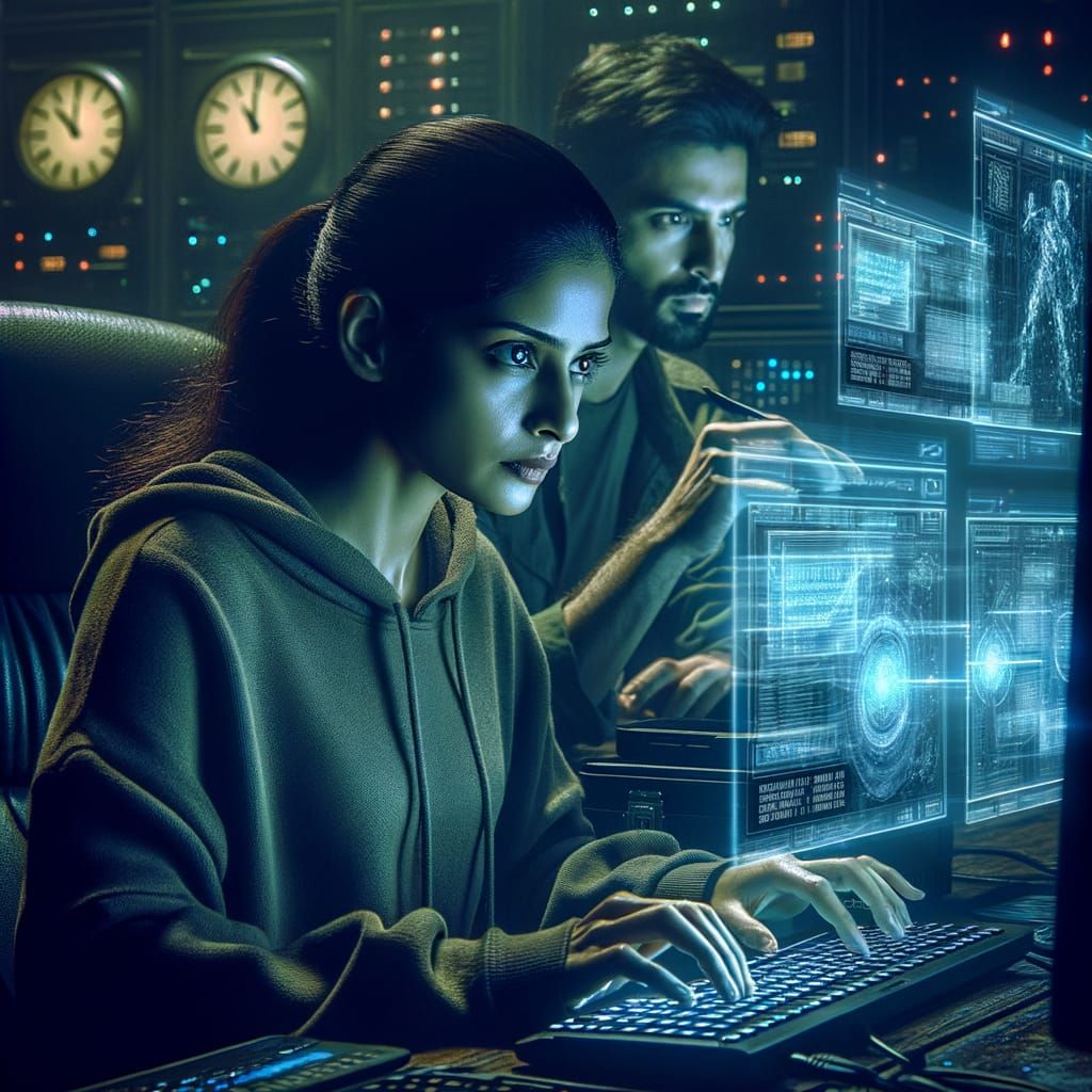 Cyberpunk Duo in High-Stakes Coding Session