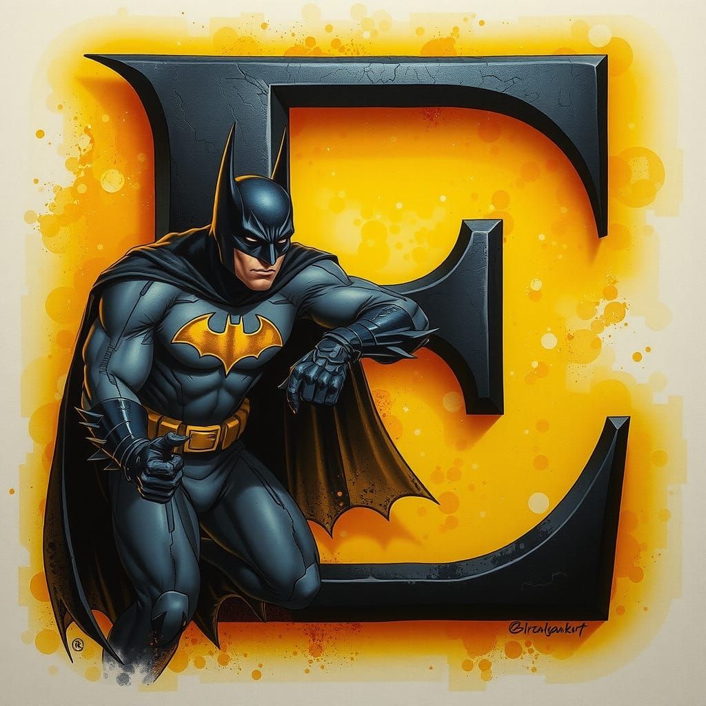 Batman and Glowing Letter E in Gotham Cityscape