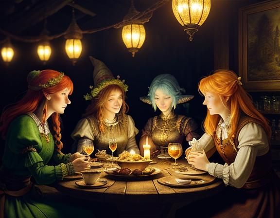 Gnomes Casting Magic in Tavern: Whimsical Illustration