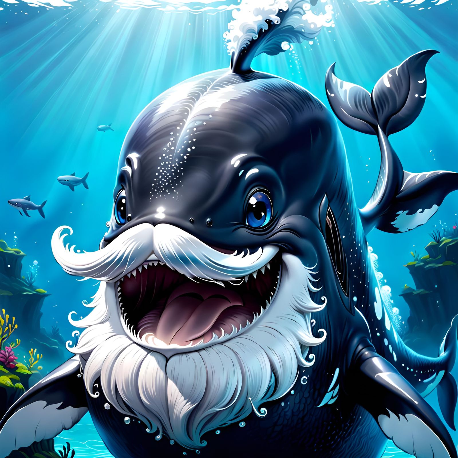 Hairy Cartoon Whale Portrait in Whimsical Style