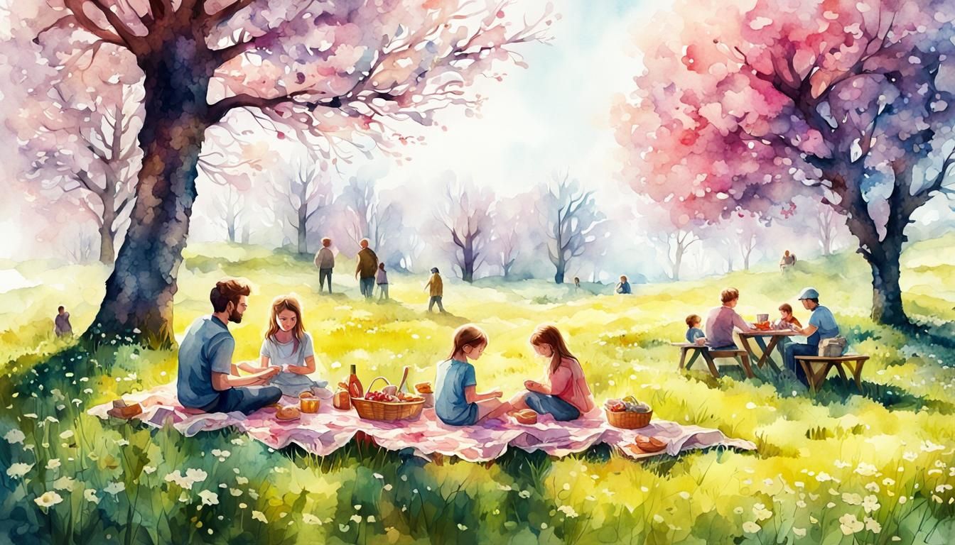 Spring Meadow Picnic: Digital Watercolor Illustration