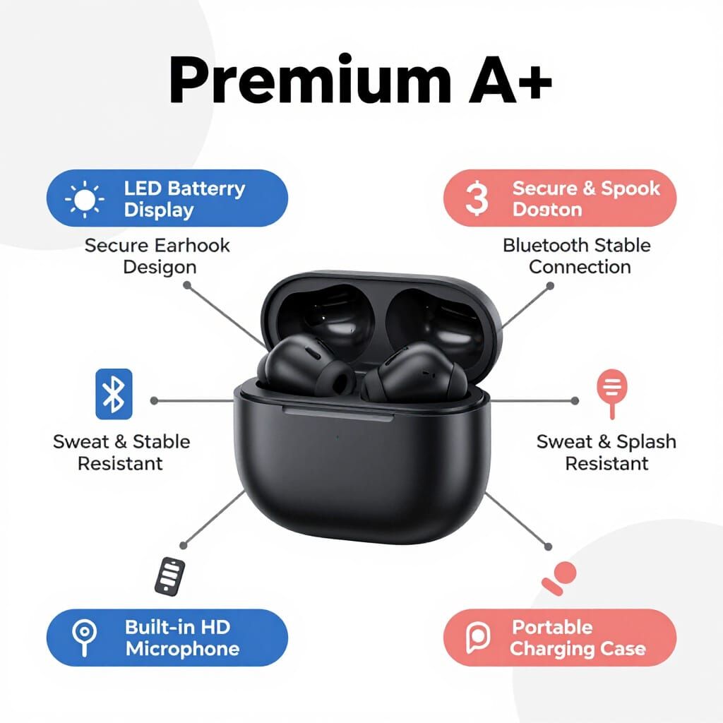 Black Wireless Earbuds with Charging Case Infographic