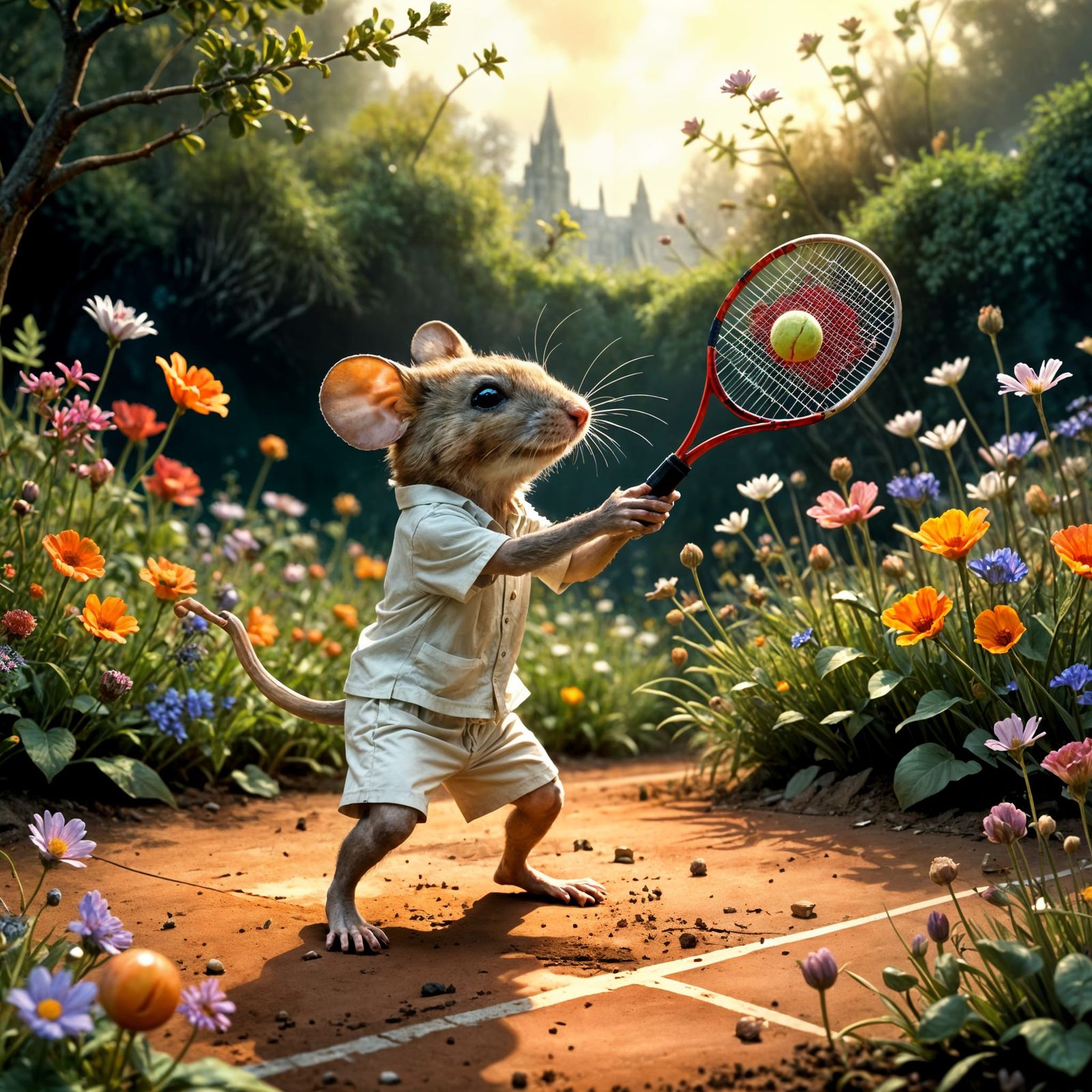 Mouse Tennis Player in Whimsical Impressionist Style