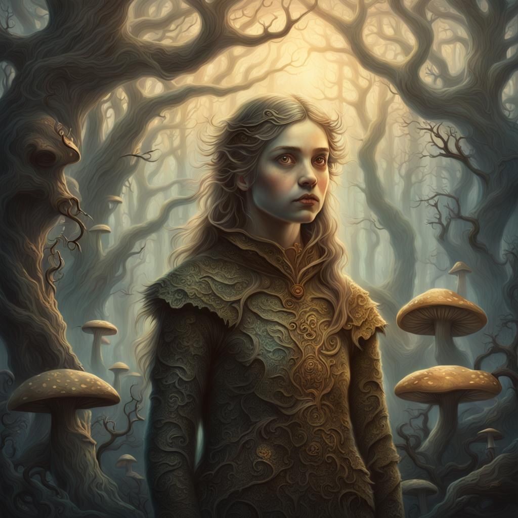 Ethereal Girl with Creature Features in Misty Forest