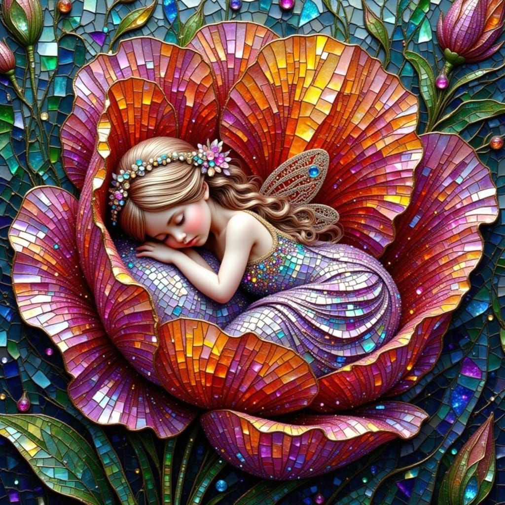 Mosaic Fairy Sleeping in Tulip Art