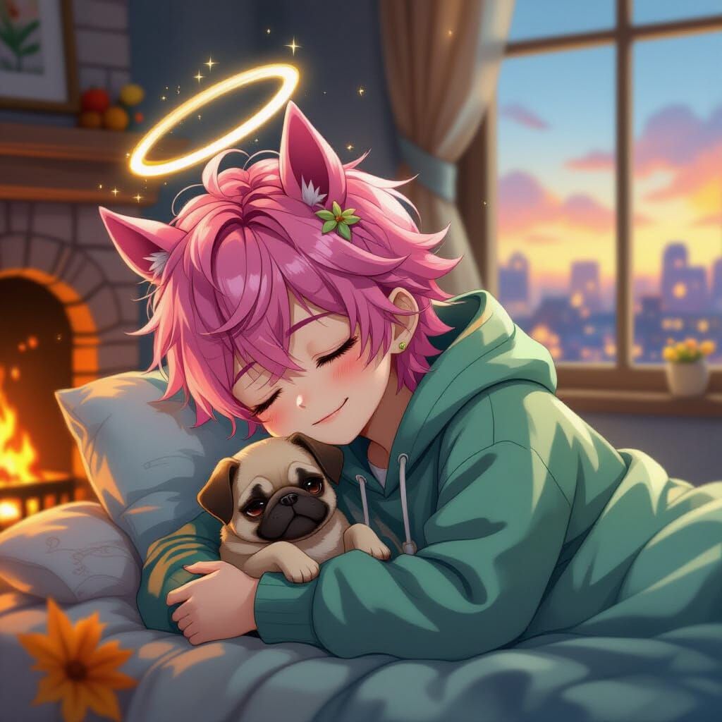 Mystical Anime Boy with Pink Hair and Horse Ears in Autumn M...