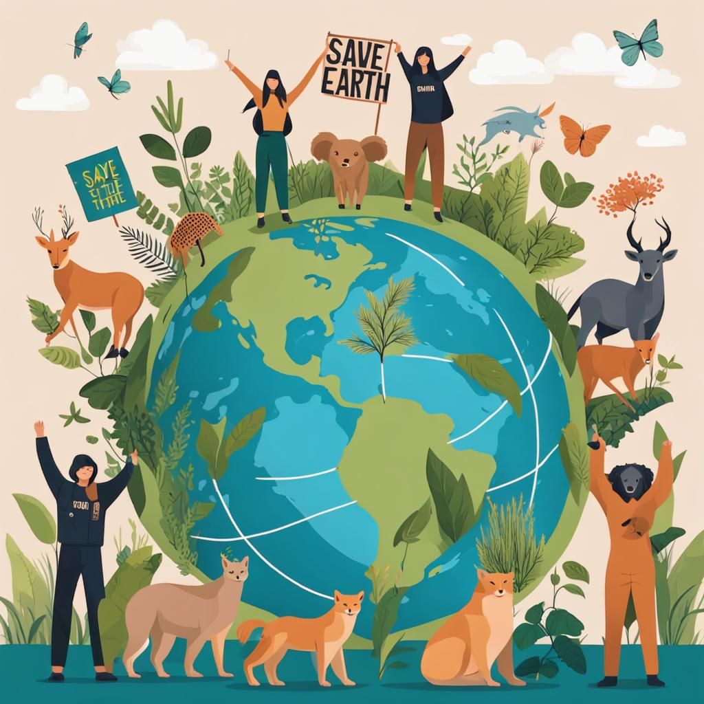 Protesters with banners with climate change and save the earth on them around the earth with plants and animals, beautif...