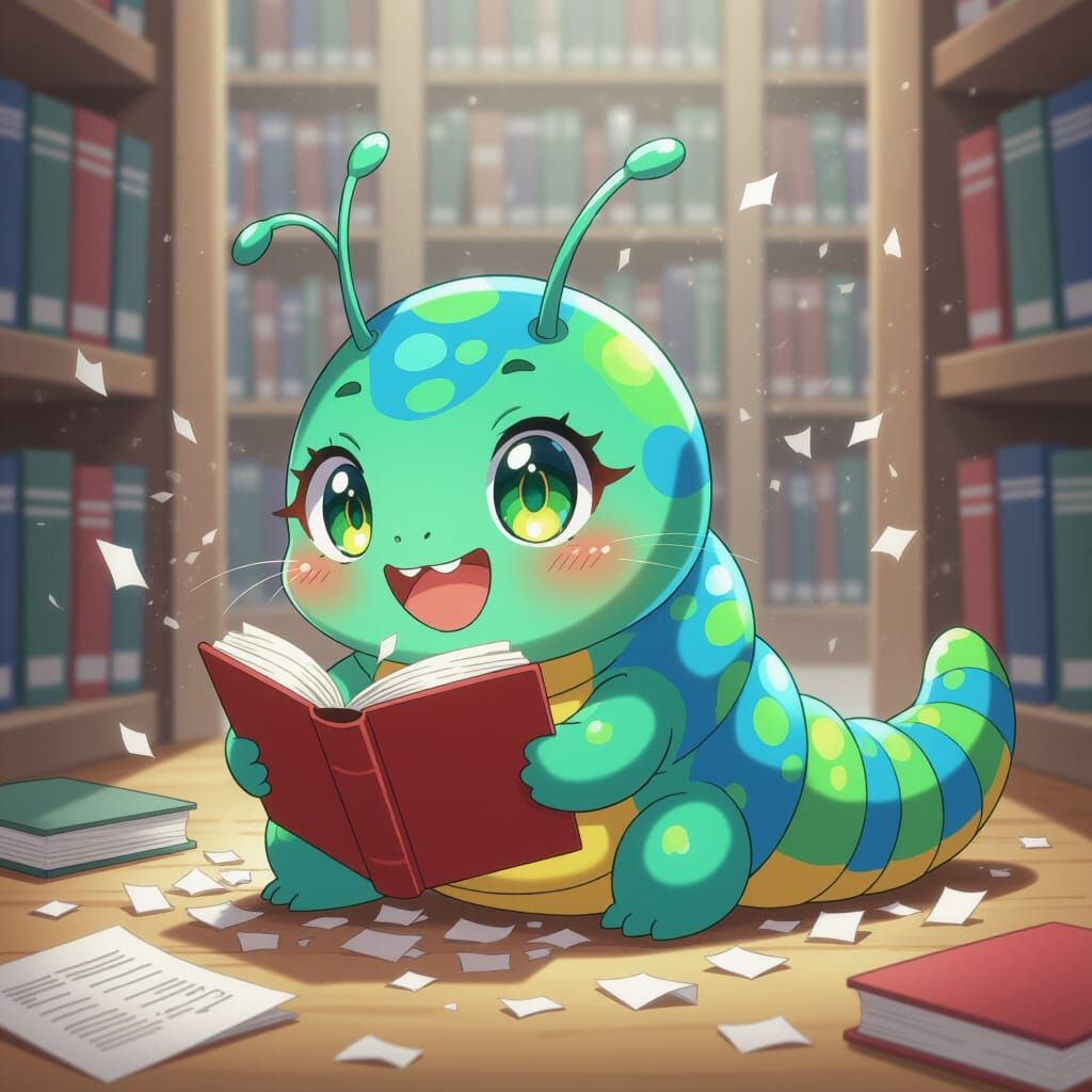 Excited Cartoon Caterpillar Munching on Book, Anime Style
