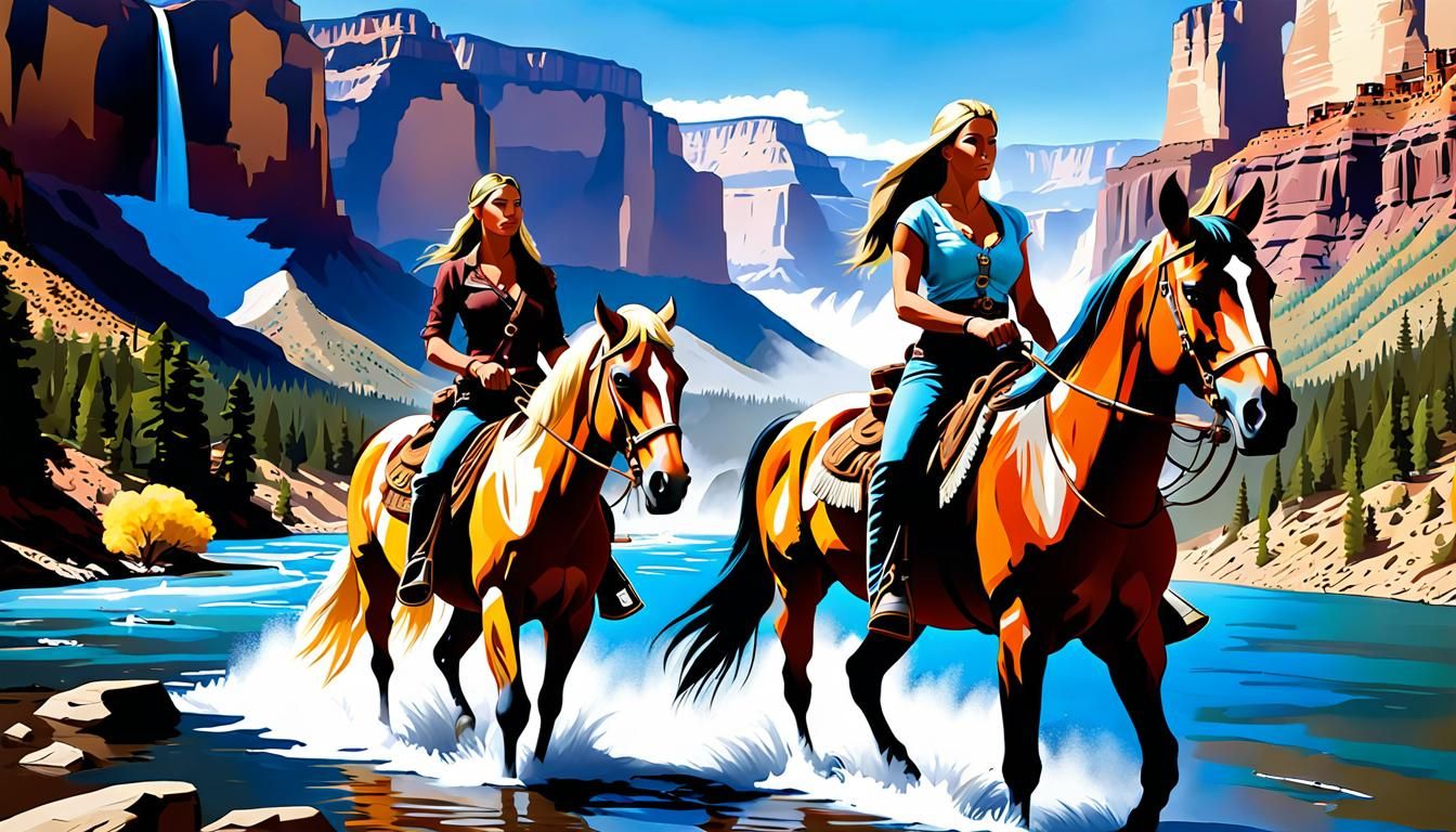 Cowgirls Cross Grand Canyon in Graffiti Art Style