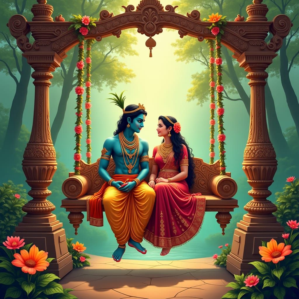 Krishna and Radha in an Ornate Garden Swing