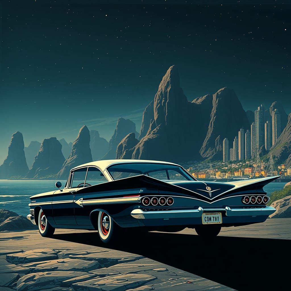 1959 Pontiac Catalina in Retro-Futuristic Cityscape
