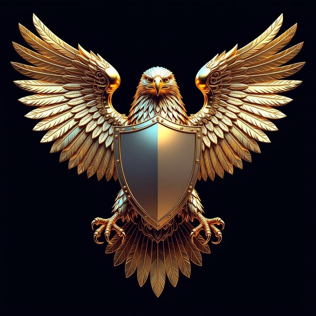 Golden Mechanical Eagle Holds Silver Shield, Hyperrealistic ...