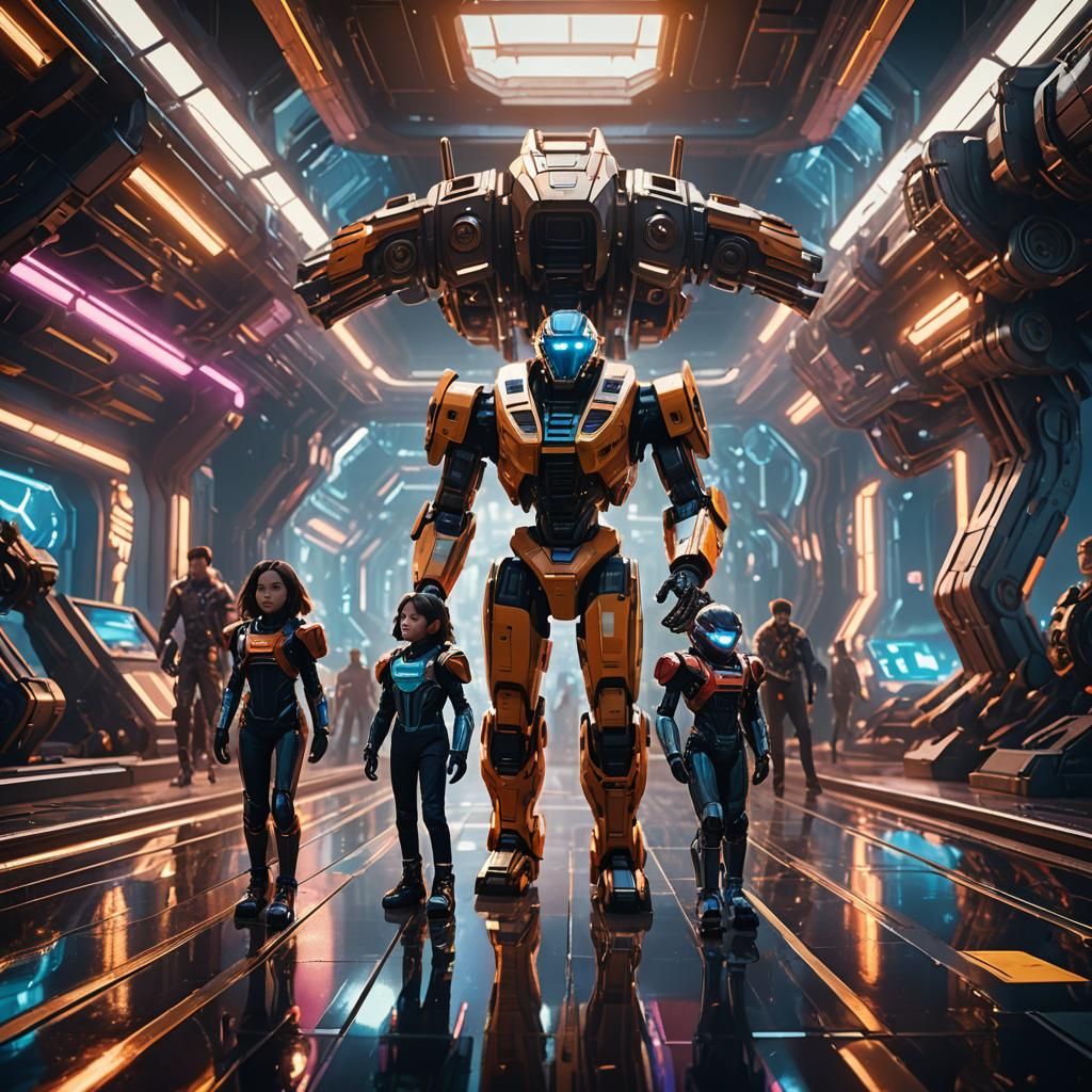 Children on Runway with Mechs in Sci-Fi Art
