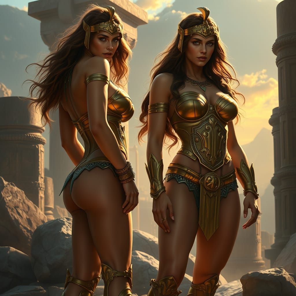 Hyperrealistic Amazon Warriors in Golden Armor Amidst Ruins