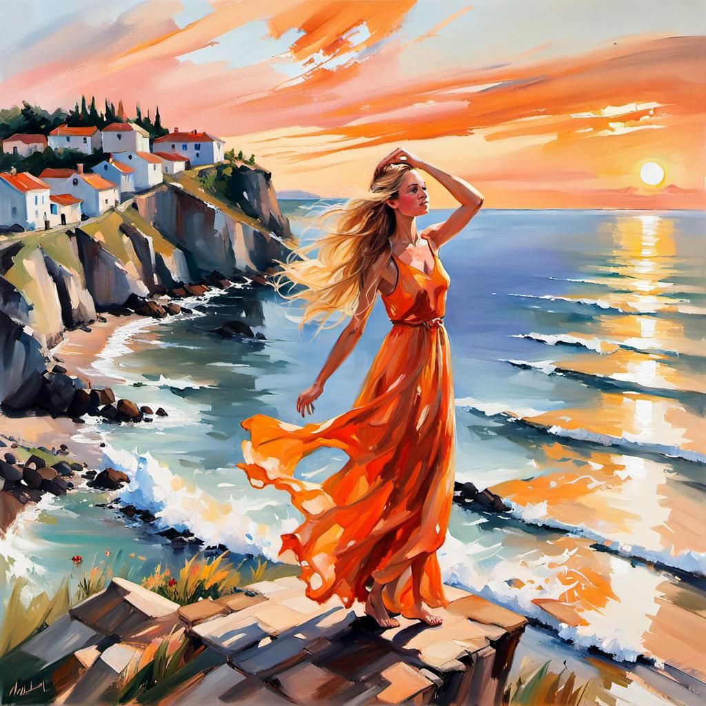 Dutch Woman in Orange Dress: Oil Gouache Acrylic Painting