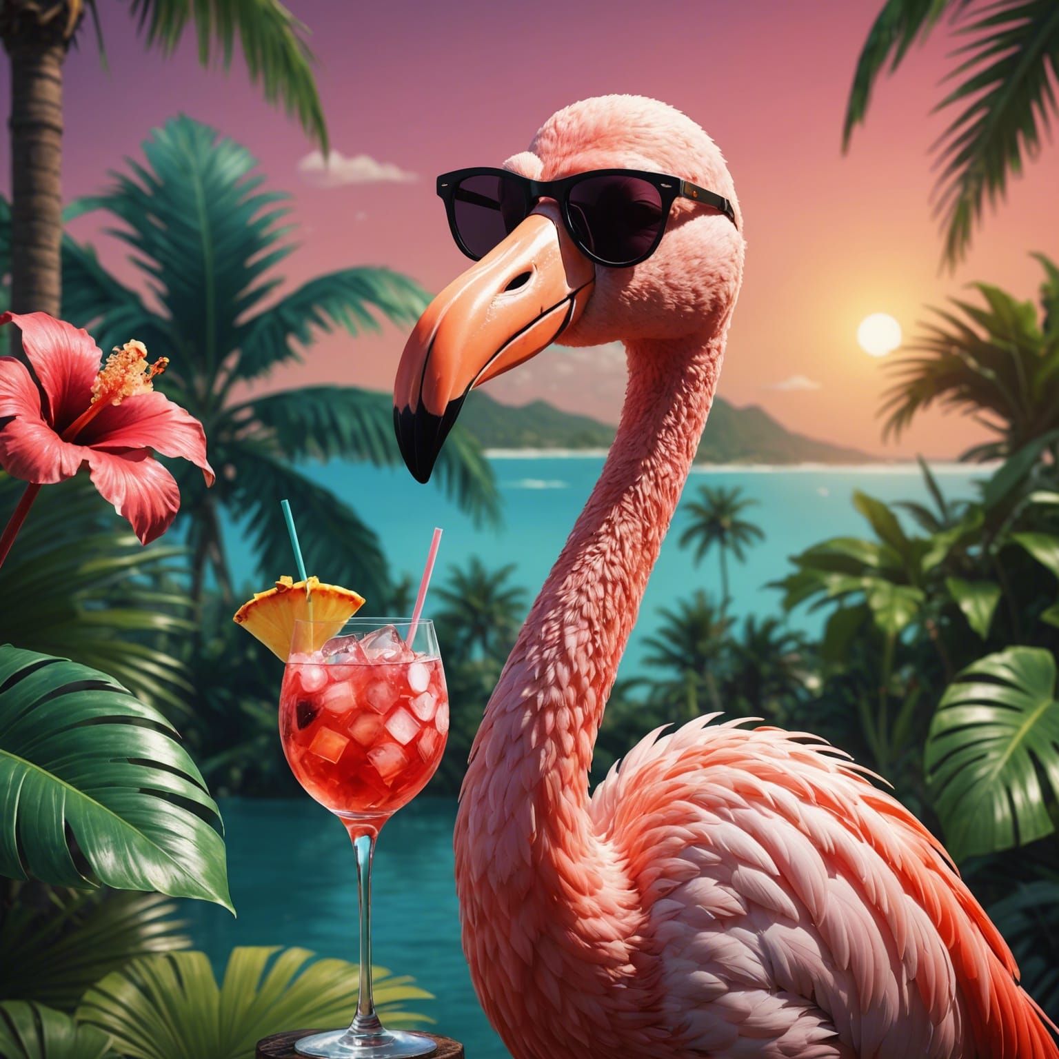 Quirky Flamingo Enjoys Cocktail in Fantastical Floral Scene