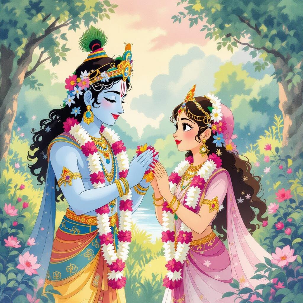 Krishna and Radha in Ghibli-Style Vrindavan