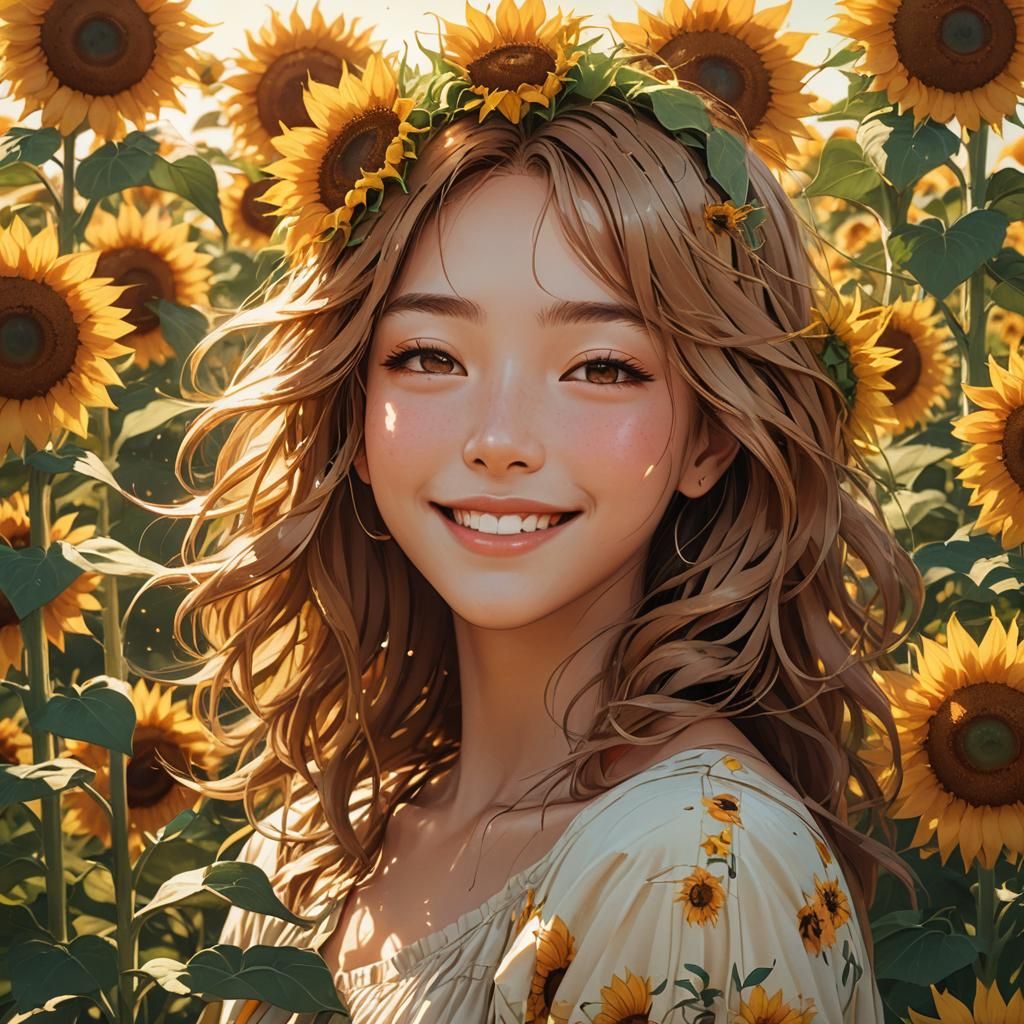 Anime Portrait in Sunflower Field, Digital Art