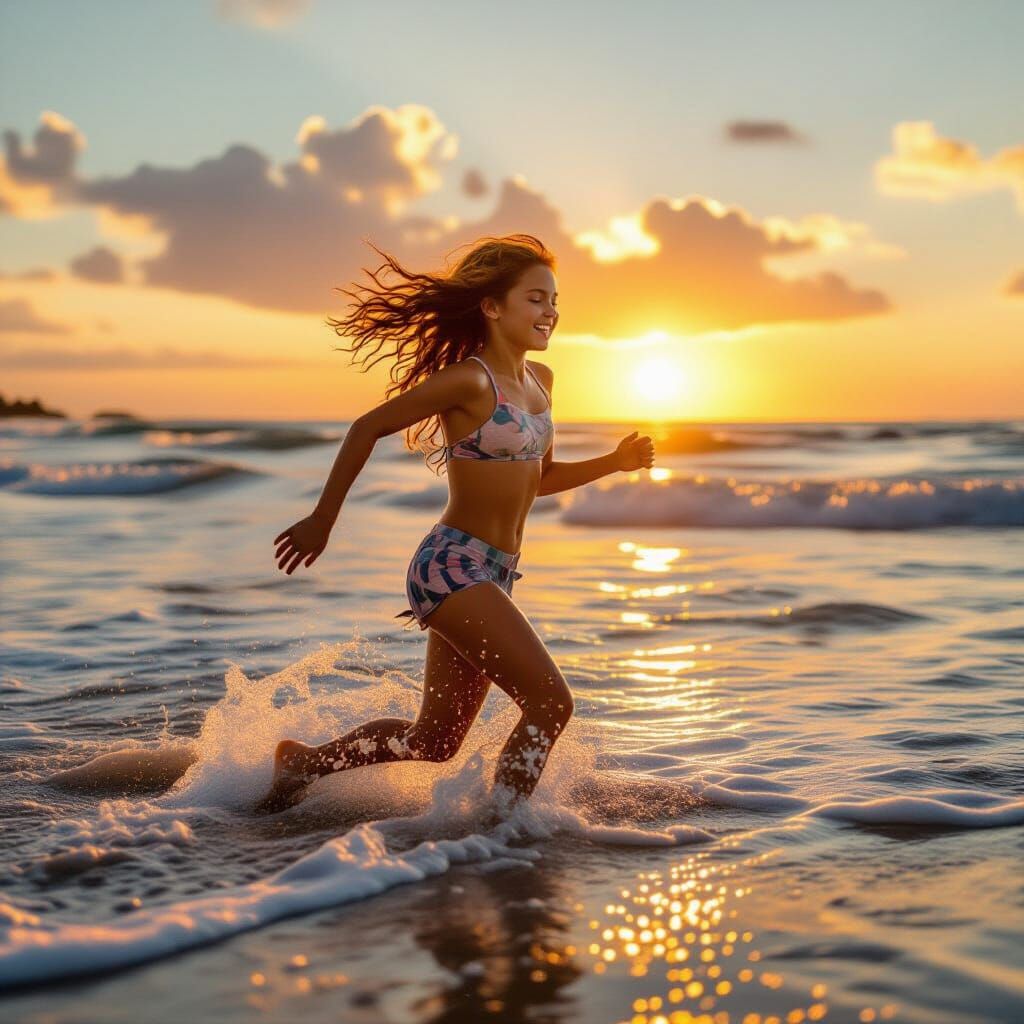 Joyful Teenager Runs Through Sea at Golden Hour Sunset