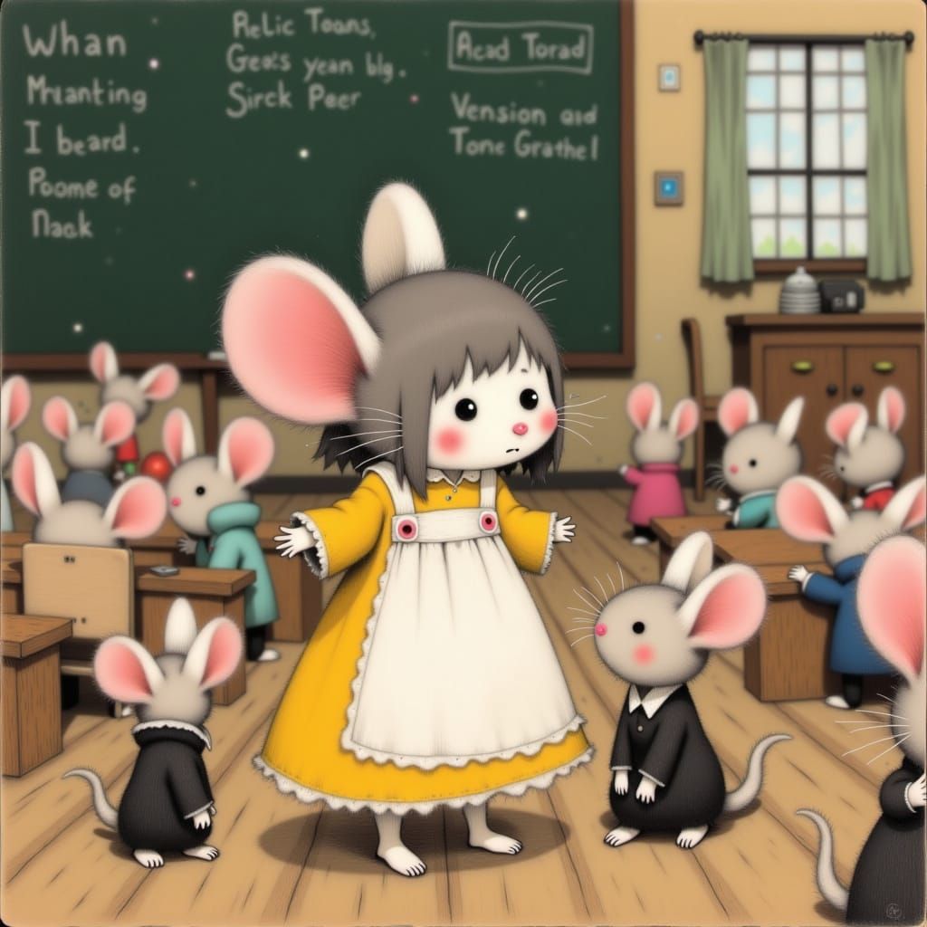 Shy Mouse in Classroom: Whimsical Illustration