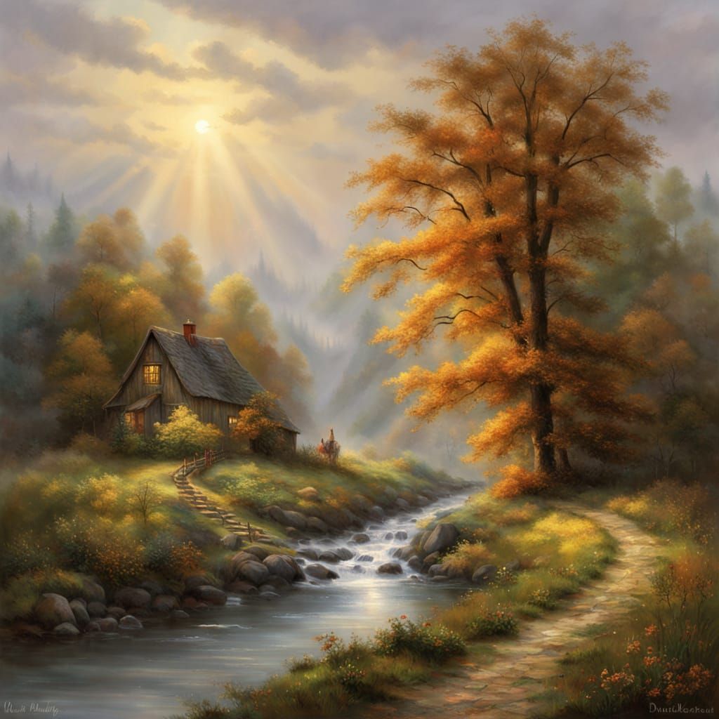 Hyperrealistic Tree on River in Golden Light