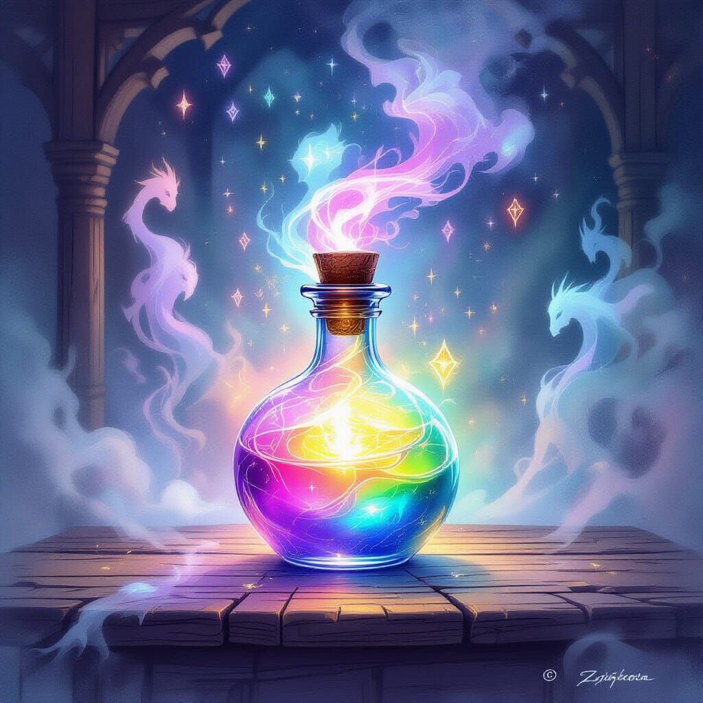 Glowing Magical Potion Bottle in Ethereal Mist