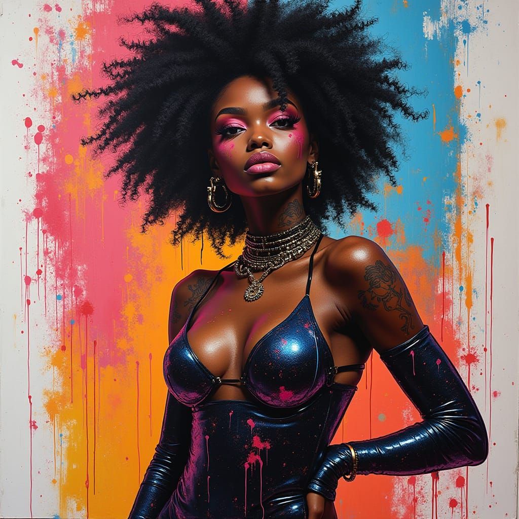 Black Woman in Bodycon Dress: Graffiti Art Style