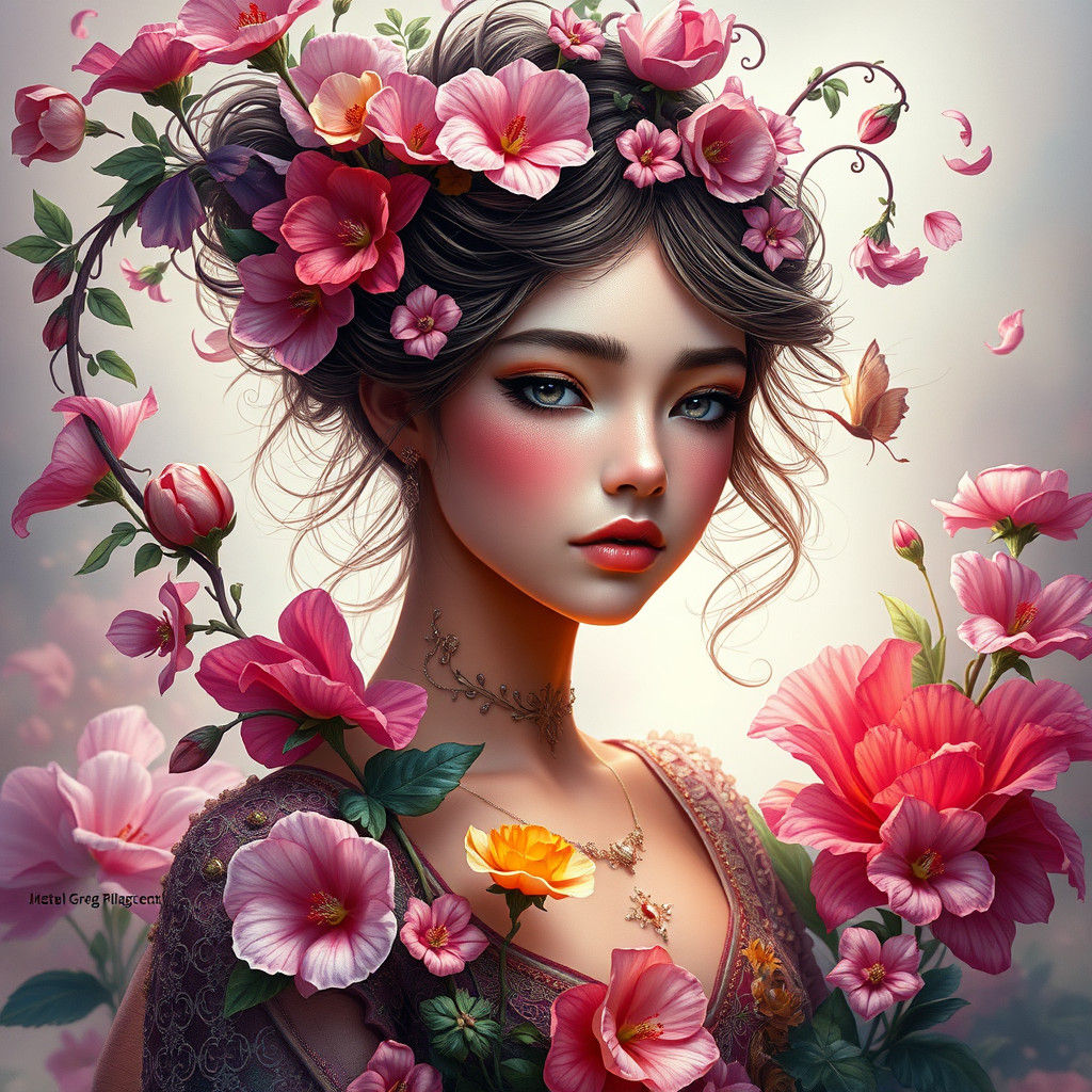 Fantasy Flower Girl Portrait as Splash Art