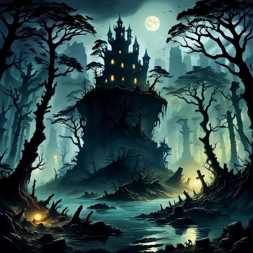 Cursed Undead Island at Night: Dark Fantasy 3D Art