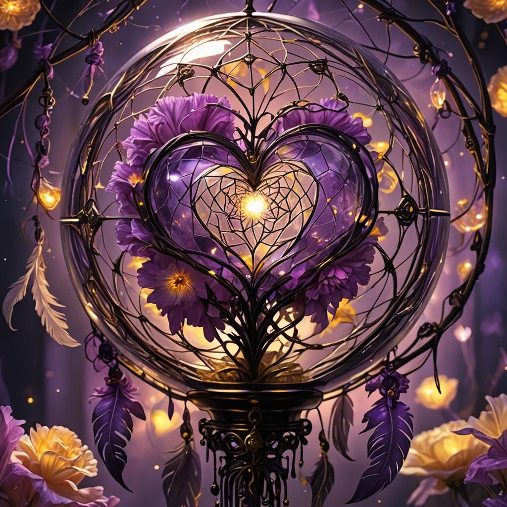 Luminescent Glass Heart Orb Dreamcatcher: Dark Fantasy Art