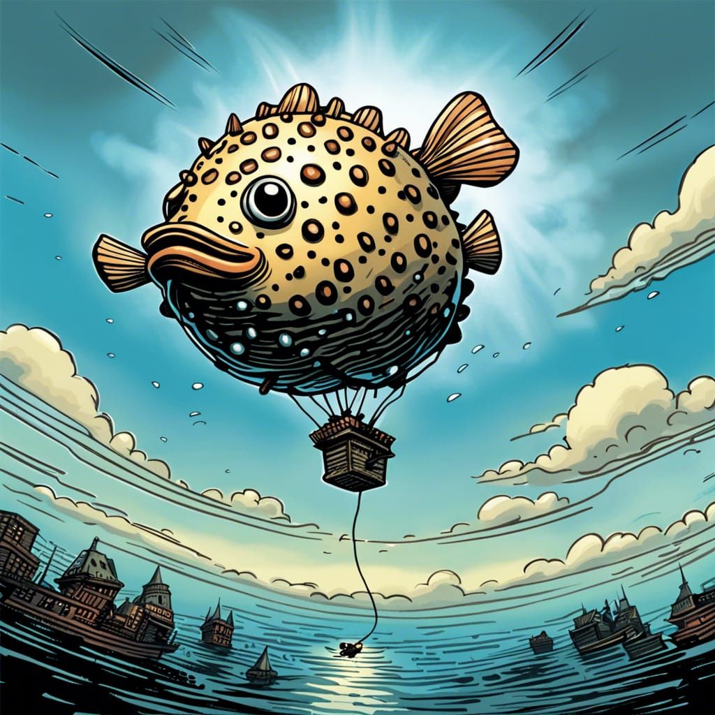Balloon Puffer Fish Flying in Comic Book Art