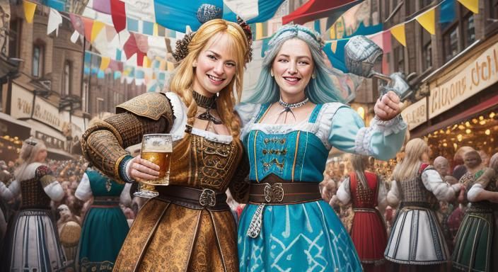 Humorous Viking Oktoberfest Celebration in Vibrant Caricatur...