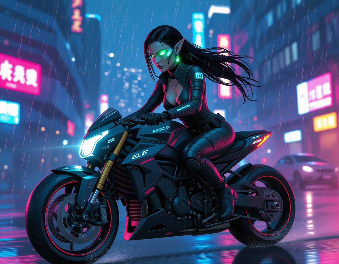 Cyberpunk Elf Woman Rides Motorbike in Neon City