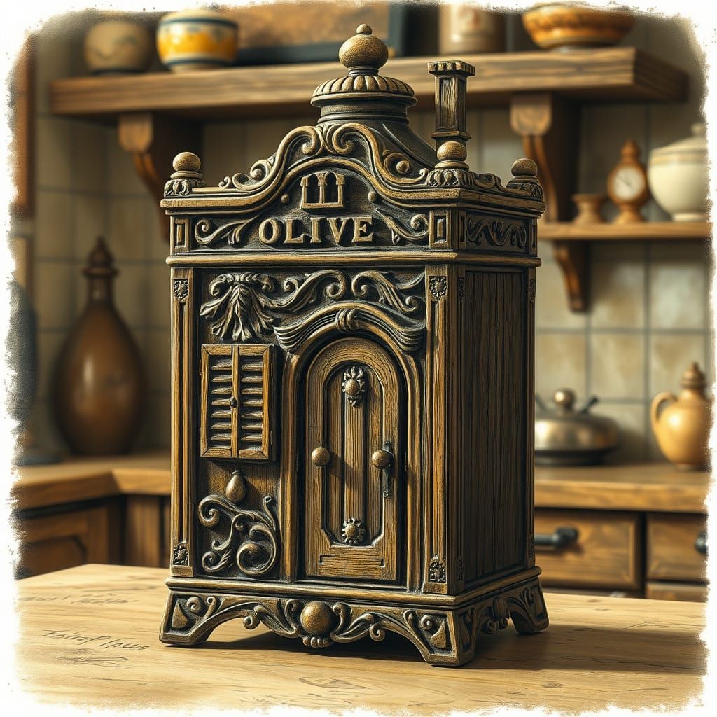 Ornate Olive Oil Container in Rustic Kitchen
