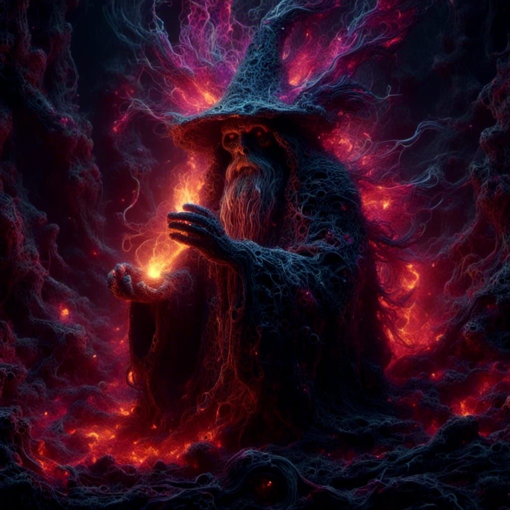 Evil Wizard Casting Fire Spell in Watercolor Style