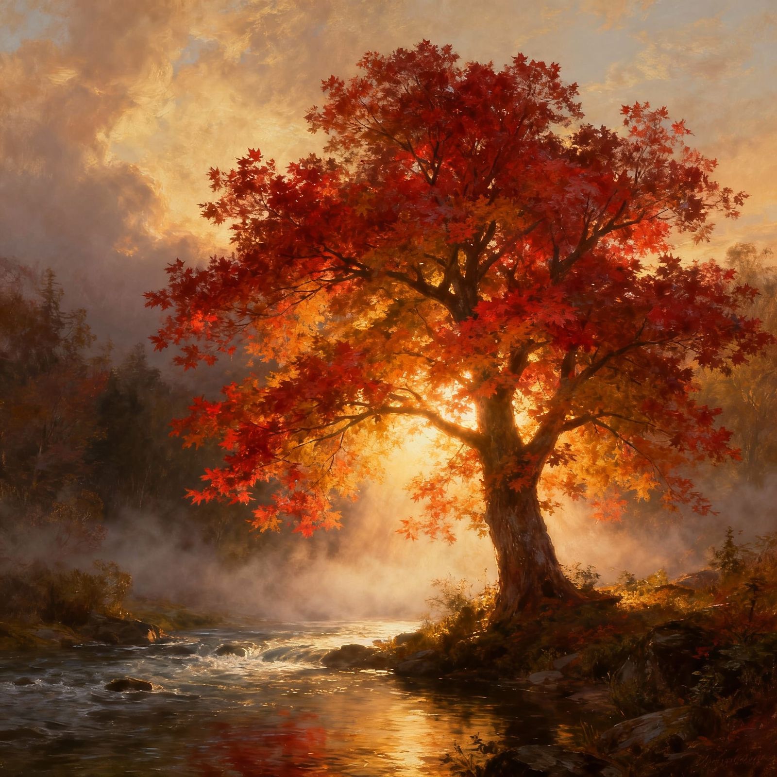 Majestic Maple Tree by River in Golden Hour Light